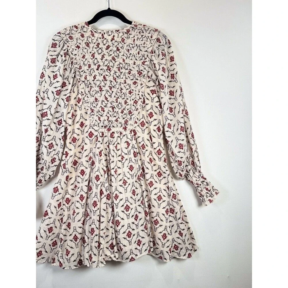 ZARA Mini Dress Beige Floral Puff Sleeve V Neck Lace Up Ruffle A Line Boho XS